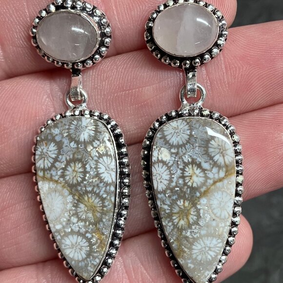 Rose Quartz and Coral Fossil Earrings Stone Crystal Jewelry - Picture 4 of 6